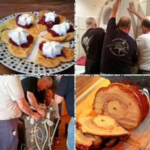 Spanferkel und Knack und Backbrötchen Salat