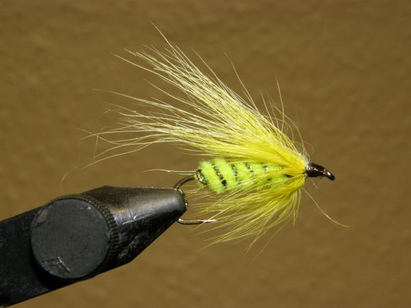 Granetaler 
Streamer,Körper Chenille fluogreen
Tinselrippung,Schwinge Fuchs,Hechel
gelb,grün