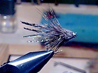 Muddler 
gebunden auf einen  10 hayabusa Haken Schwänchen Specktraflasch grün Körper Ice Dub golden braun 1.Schwinge CDC weiß 
2. Pfauengras Kopf Re